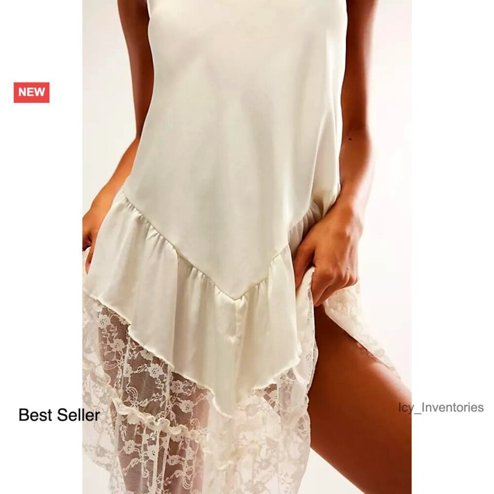 Satin Lace Mini Slip Dress Tiered Drop Waist Babydoll Sleeveless Flowy - Picture 3 of 7